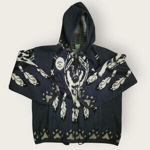 Tejidos Ruminahui Jacket Men's Sz L Wool Full-Zip Hooded Wolf Dreamcatcher VTG